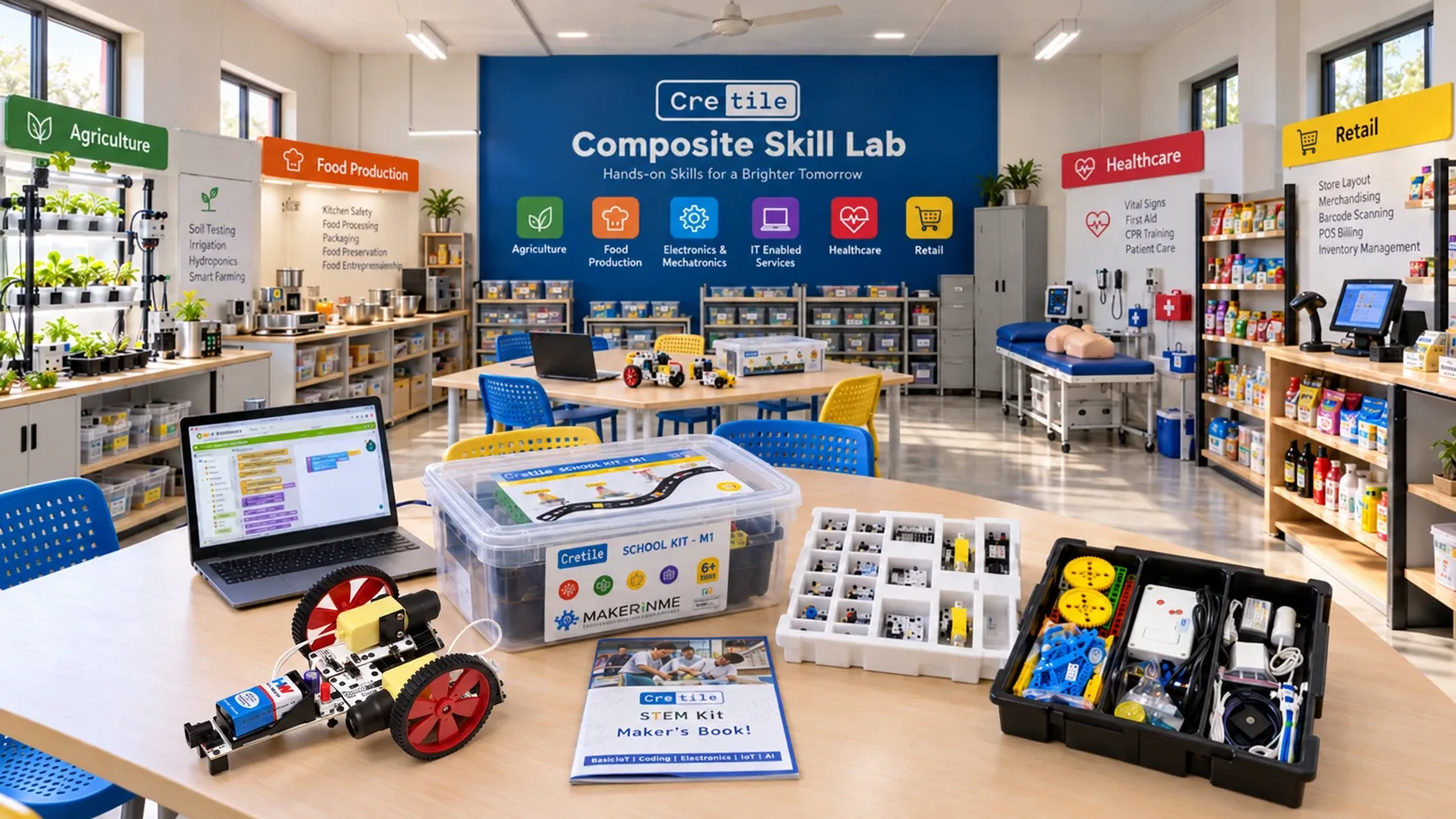 Illustration of a Composite Skill Lab with agriculture, food, robotics and retail stations